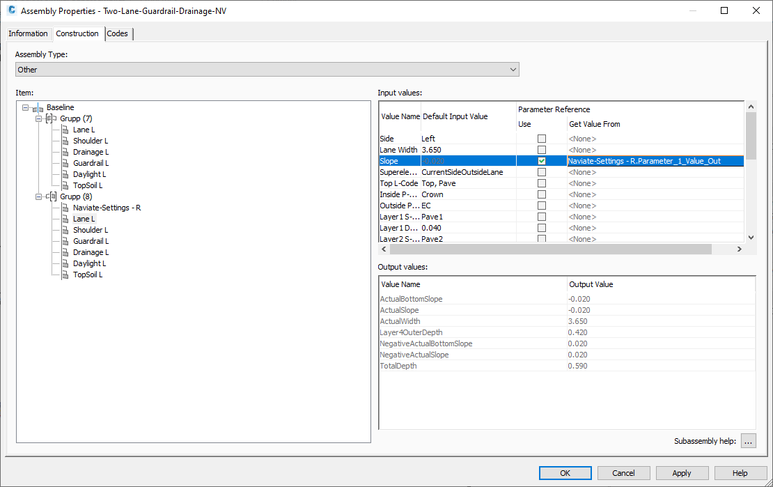 21 Superelevation with Naviate for Civil 3D -Settings subassembly - Assembly Properties Parameter Preference