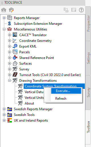 Coordinate transformation with Civil 3D