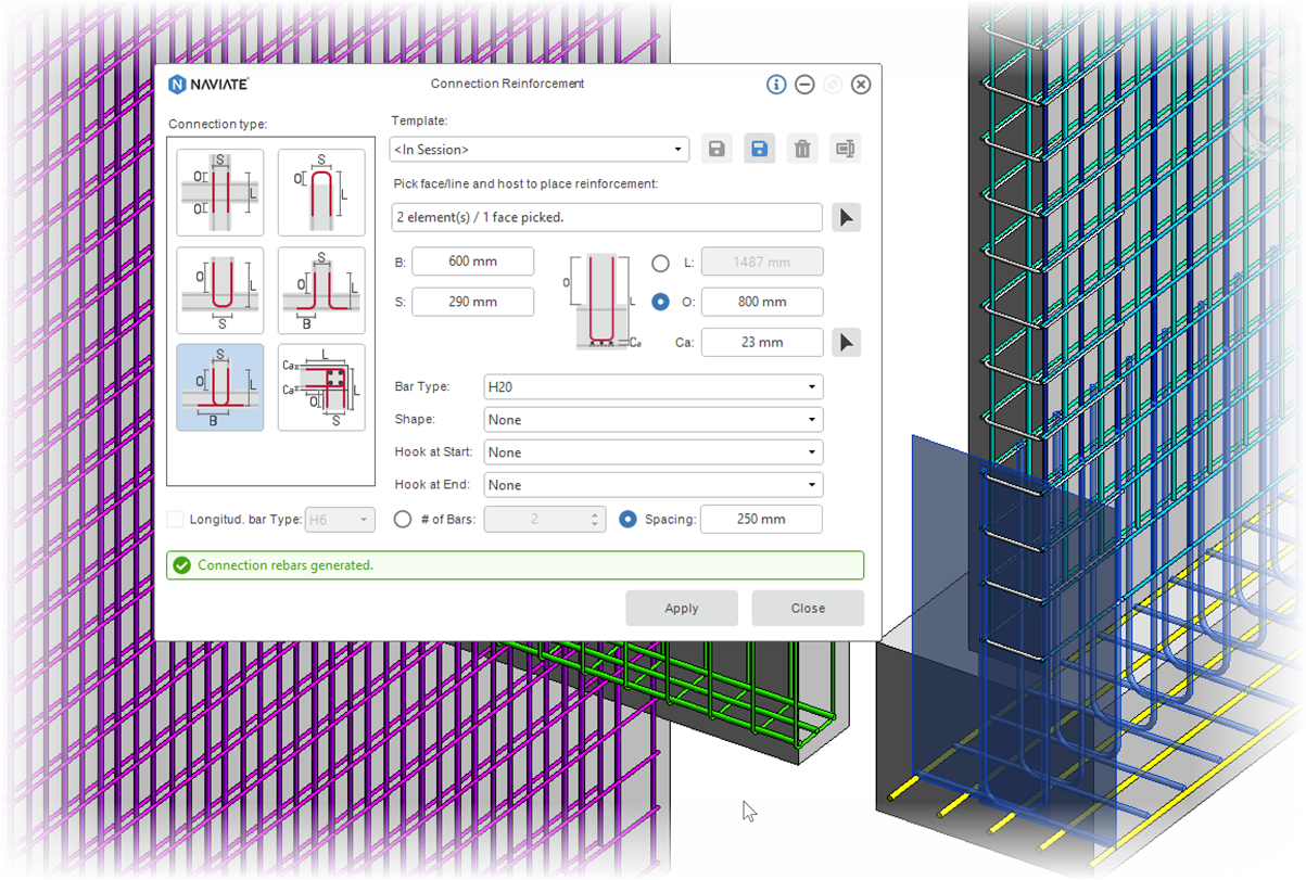 Naviate Rebar discover 3 reinforcement connections - user interface